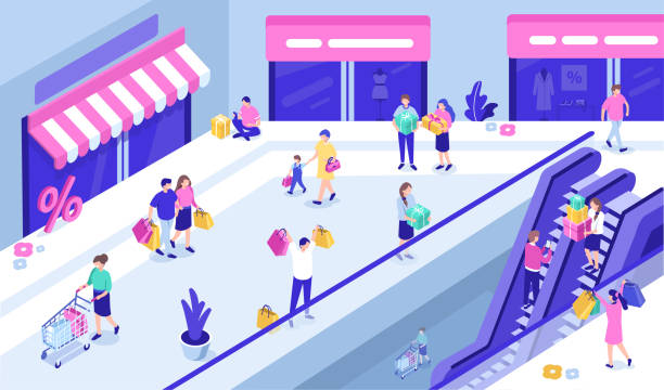 shopping mall Happy people at shopping mall. Can use for web banner, infographics, hero images. Flat isometric vector illustration. shopping mall stock illustrations