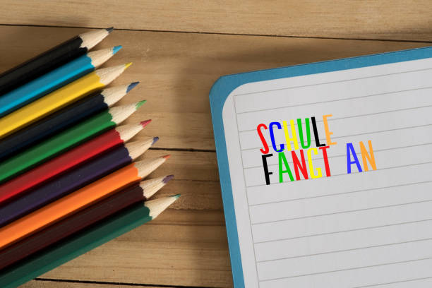 istock Colorful pencils and a booklet with the text School begins 1070047130