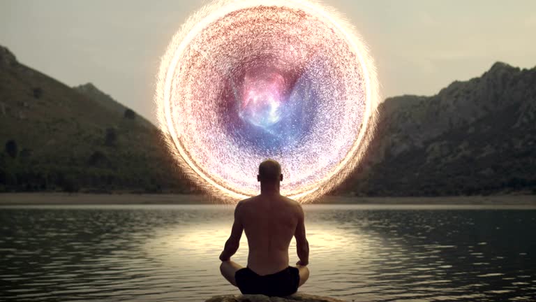 Meditating man opening gate to cosmic energy