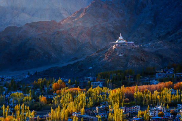 Santi Stupa in Let-Ladakh city stock photo
