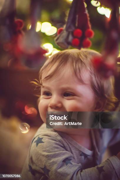 Cute Boy In Crib In Christmas Stock Photo - Download Image Now - Baby - Human Age, Baby Clothing, Beautiful People