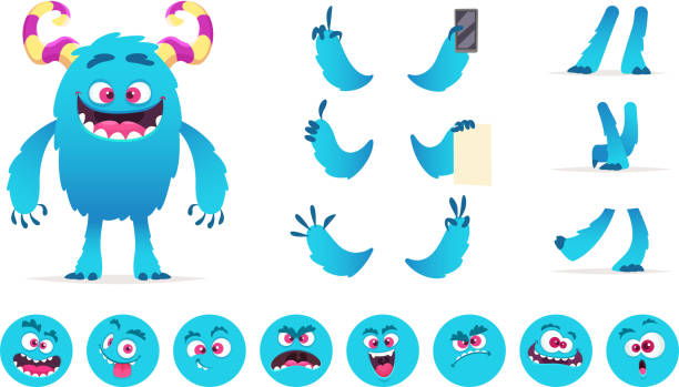 monster-konstruktor. augen mund emotionen teilen der niedlichen lustige kreaturen für spiele vektor-design-erstellung-kit für kinder hallowen party - monster stock-grafiken, -clipart, -cartoons und -symbole