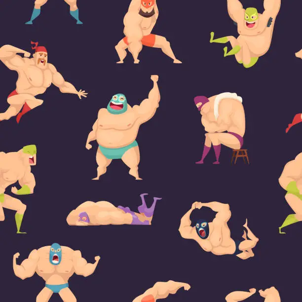 Vector illustration of Libre wrestlers pattern. Martial mexican fighters in mask luchador superstar vector seamless background