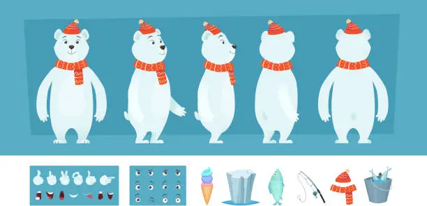 Vector illustration of Polar bear animation. White wild animal body parts and different faces vector character creation kit