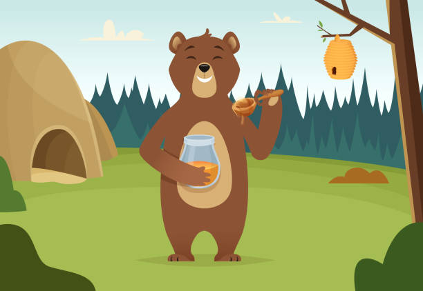 illustrations, cliparts, dessins animés et icônes de ours brun avec du miel vector background bande dessinée - fluffy bear cute friendship