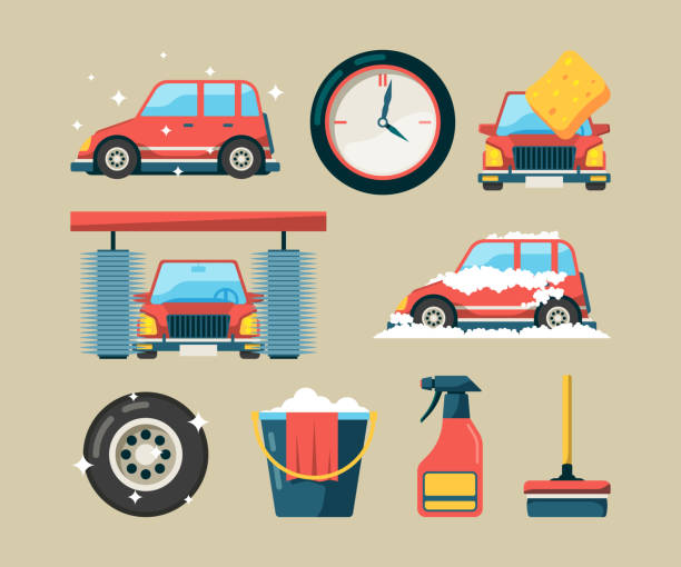 ilustrações, clipart, desenhos animados e ícones de conjunto de ícones de lavagem de carro. máquinas de lavar de rolo de espuma autoserviço de limpeza vector símbolos dos desenhos animados isolados - car wash car cleaning washing