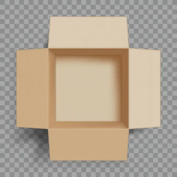 Vector illustration of Empty open cardboard box. Isolated on a transparent background.