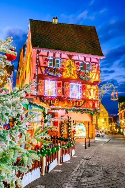 Colmar, France. Traditional Alsatian half-timbered houses Christmas decorated city in Alsace.
