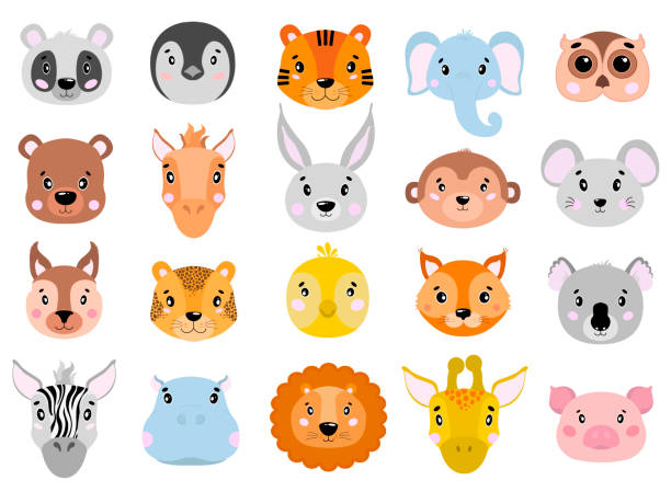 Big vector set of cute animals face icon flat. Big vector set of cute animals face icon flat in white background. cartoon characters with big heads stock illustrations