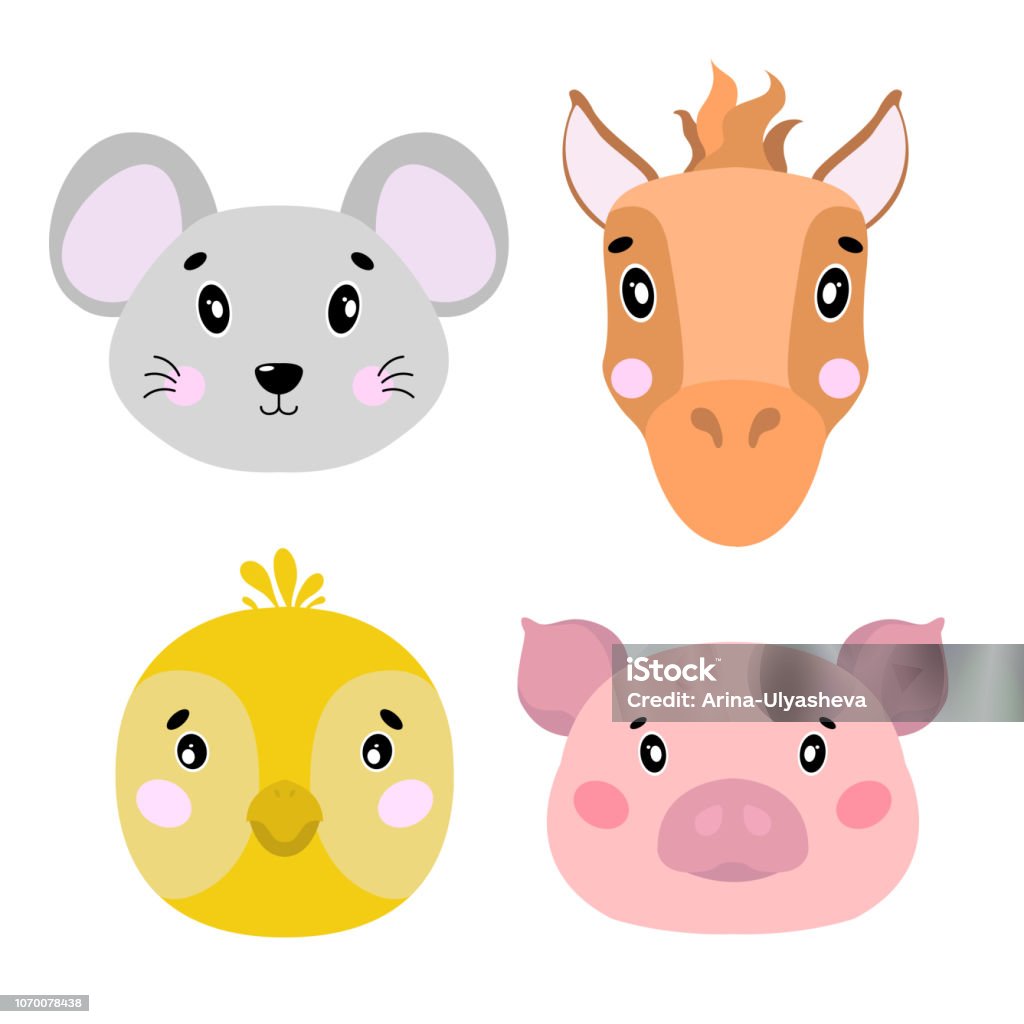 Ilustración de Dibujos Animados Conjunto De Vectores Animales Granja Cara  Cuatro Objetos Ratón Cerdo Caballo Pollito y más Vectores Libres de  Derechos de Animal - iStock