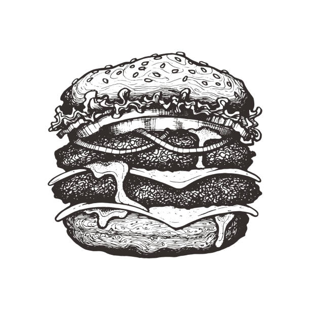 illustrations, cliparts, dessins animés et icônes de illustration vectorielle. cheeseburger double avec fromage, tomate, oignon et la laitue. burger de boeuf gros aux légumes. esquisse à main l’encre dessiné. élément graphique de vintage. isolé sur fond blanc - symmetry burger hamburger cheese