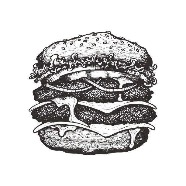 ベクトルの図。チーズ、トマト、タマネギ、レタスでダブルチーズバーガー。大きな牛バーガー野菜。手描画されたインクのスケッチ。ビンテージのグラフィック要素。白い背景に分離 - symmetry burger hamburger cheese点のイラスト素材／クリップアート素材／マンガ素材／アイコン素材