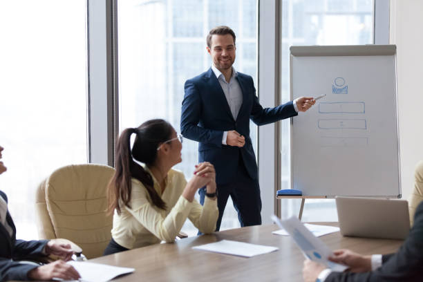 istock Smiling male mentor give flipchart presentation to employees 1070080086