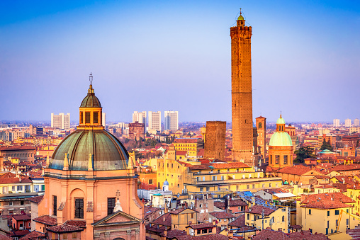 Bologna, Italy - Skyline of medieval Two Towers (Due Torri), Asinelli and Garisenda.