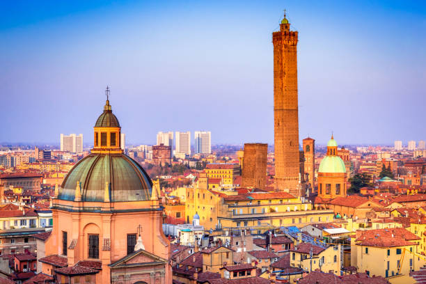 Bologna, Emilia-Romagna, Italy Bologna, Italy - Skyline of medieval Two Towers (Due Torri), Asinelli and Garisenda. bologna photos stock pictures, royalty-free photos & images