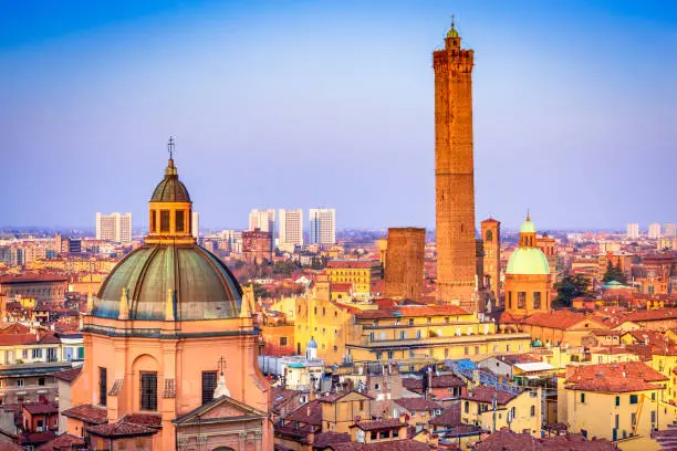 Bologna, Italy - Skyline of medieval Two Towers (Due Torri), Asinelli and Garisenda.
