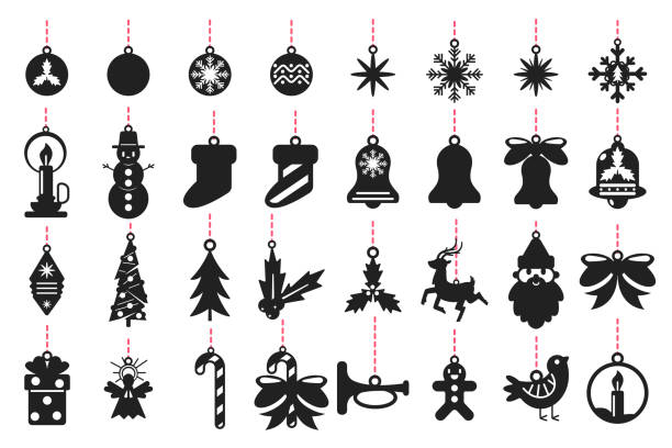 クリスマスのシンボルは黒サンタ クロース、トナカイ、雪の結晶、ボール、ツリー、エンジェル、ヤドリギなどのシルエットです。ベクトルは、レーザー カットで孤立した白い背景のテン� - holly christmas silhouette berry点のイラスト素材／クリップアート素材／マンガ素材／アイコン素材