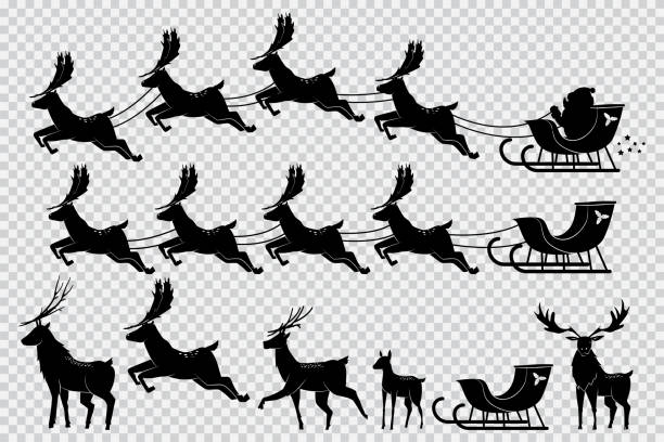 Santa Claus sleigh with reindeer. Christmas deer black silhouette vector set isolated on transparent background. Deer silhouette and Santa flying sleigh vector set. santa sleigh cutout stock illustrations