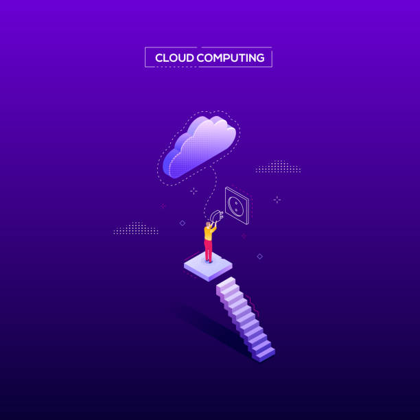 Cloud computing - modern isometric vector web banner Cloud computing - modern isometric vector web banner on dark purple background. High quality composition with a worker, male specialist switching on a cloud, plugging in. Technology concept electric plug dark stock illustrations