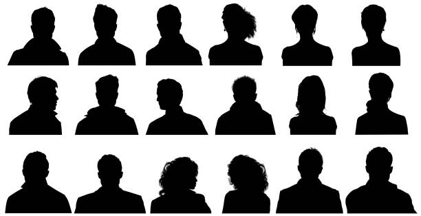 People Profile Silhouettes Variation of Head Silhouette front and side view isolated on white background highly detailed man shadow head stock pictures, royalty-free photos & images