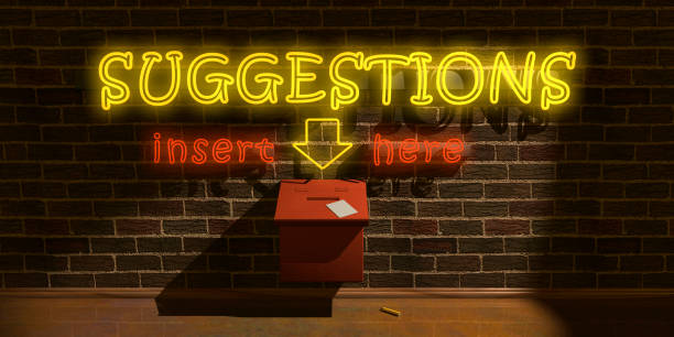 3D Illustration of a Suggestions Box - Front View 3D rendering of a Suggestion box agains a brick wall with a neon sign above - front view suggestion box stock pictures, royalty-free photos & images