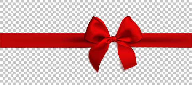 Realistic red bow and ribbon isolated on transparent background. Template for brochure or greeting card. Vector illustration. Realistic red bow and ribbon isolated on transparent background. Vector illustration. Template for brochure or greeting card. gift borders stock illustrations