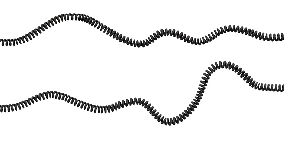 3d rendering of two strings of spiral rubber phone cables lying curled at a white background. Communication. Phone and conversation. Cable and wire.