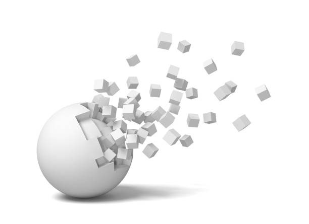 istock 3d rendering of an isolated white round ball getting deteriorated with small pieces flying up. 1070095178