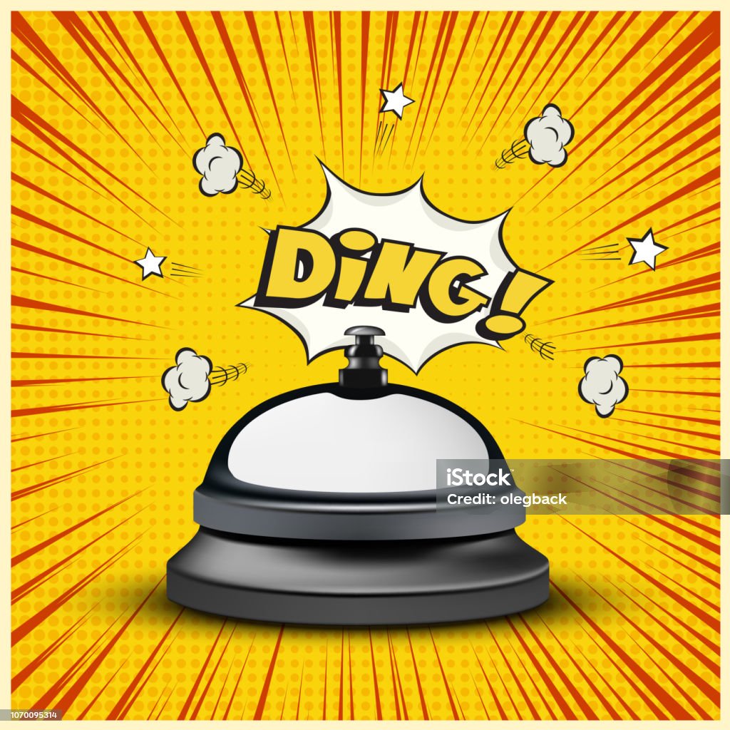 Ding Sign Realistic Reception Bell And Ding Sign On Striped Comic Book Or Manga ...
