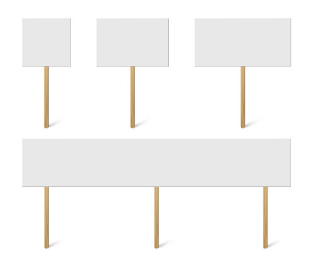 ilustrações de stock, clip art, desenhos animados e ícones de blank banner mock up on wood stick collection. vector empty different board plank holder set. protest signs isolated on white background. - greve
