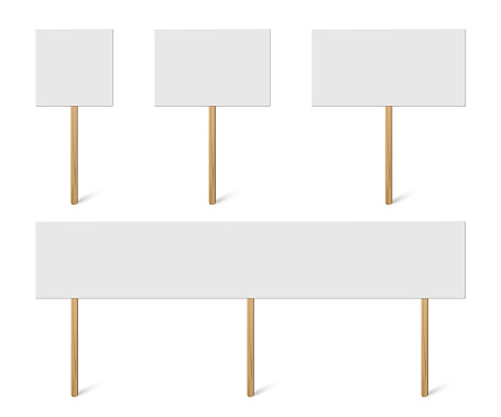 Blank banner mock up on wood stick collection. Vector empty different board plank holder set. Protest signs isolated on white background.