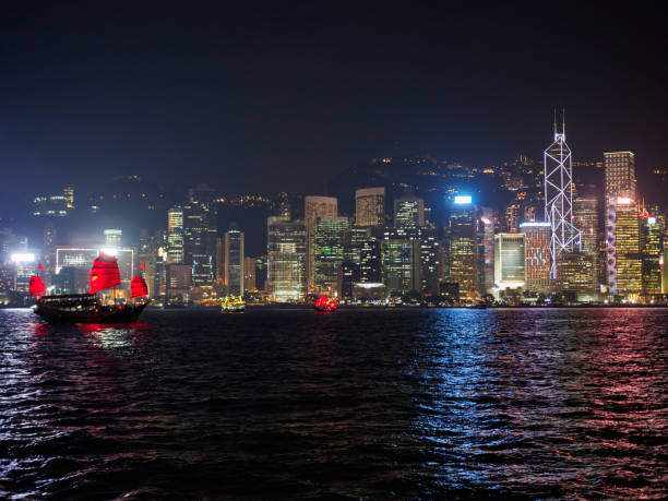 istock Hong Kong skyline with junk boat. 1070099414