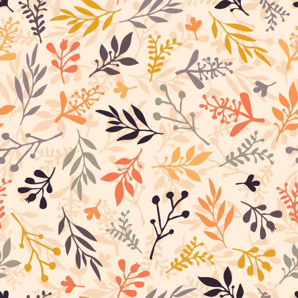 бесшовный векторный узор с абстрактными листьями оранжевого, золотого, фиолетового, серого на бежевом фоне. текстура листа, бесконечный фо� - abstract autumn backgrounds beauty stock illustrations