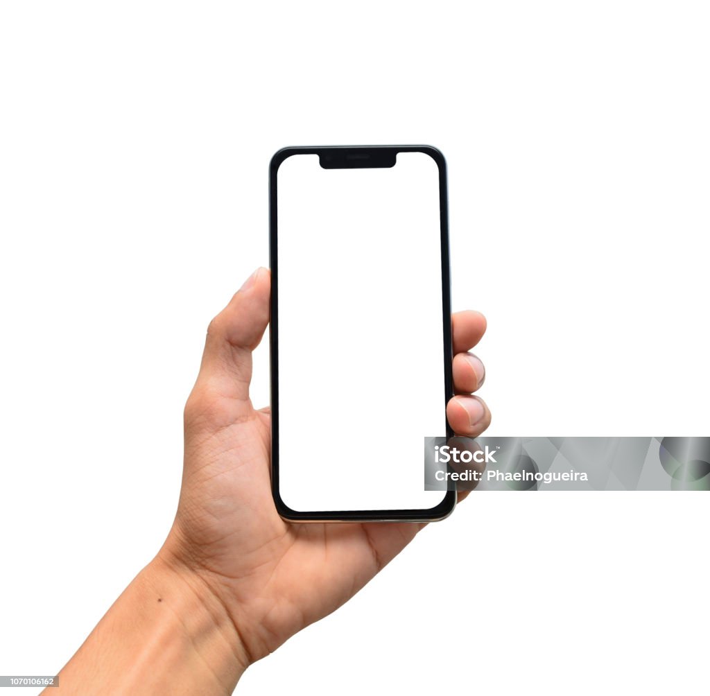 Männliche Hand, die ein modernes Smartphone mit leeren Bildschirm, Kerbe - Lizenzfrei Hand Stock-Foto