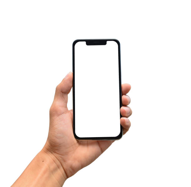 mâle main tenant un smartphone modern avec écran blanc, encoche - mains photos et images de collection