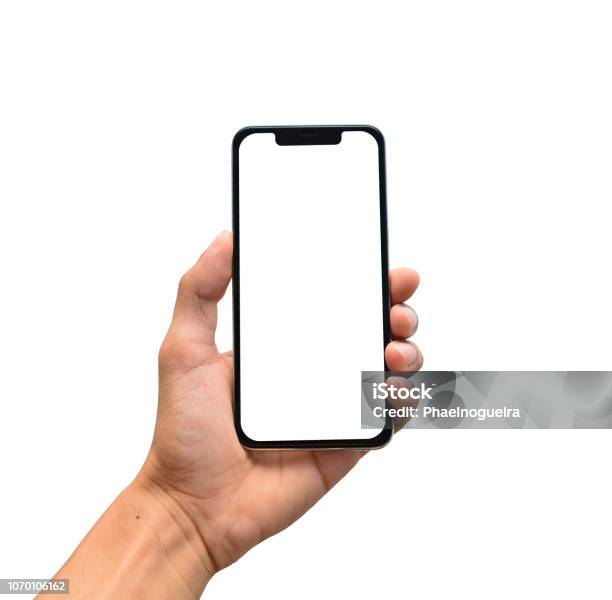 Male Hand Holding A Modern Smartphone With Blank Screen Notch Stock Photo - Download Image Now