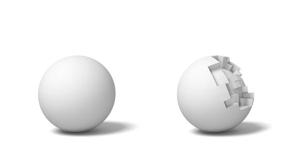kuvapankkikuvat ja rojaltivapaat kuvat aiheesta 3d renderöinti kahdesta eristetystä valkoisesta pyöreästä pallosta, jotka seisovat lähellä toisiaan, yksi kokonaisena ja toinen puoliksi rikki. - crash helmet