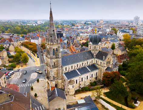 Aerial view of picturesque Chateauroux cityscape with Catholic Church of Our Lady, central France