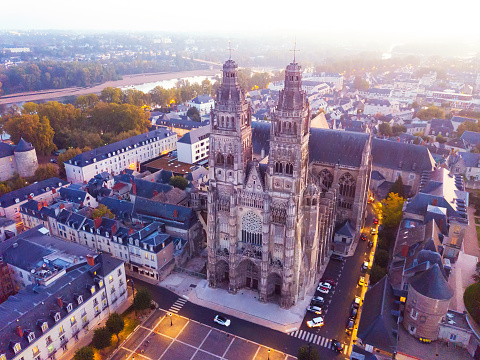 Aerial night view of magnificent medieval Cathedral Saint-Gatien in Tours, France