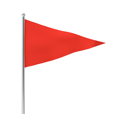 3d rendering of a single red triangular flag hanging on a post on a white background. Flags and posts. Pennant. Symbol and indication.