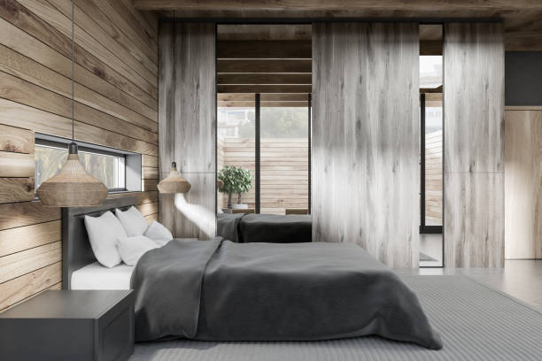 istock Wooden master bedroom interior side view 1070118044