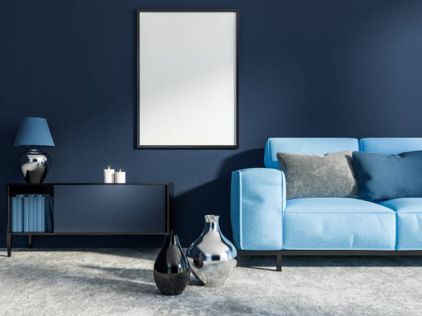 istock Dark blue living room, blue sofa, poster 1070119180