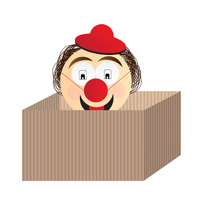 Vector illustration of a smiling circus clown with hat and red nose in the box made of corrugated cardboard isolated on a white background.