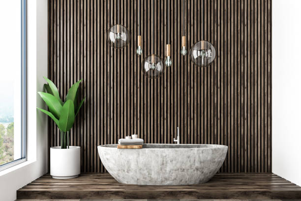 istock Wooden bathroom interior, white tub 1070123568