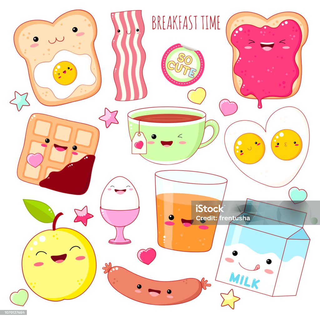 Set of cute breakfast food  icons in kawaii style Breakfast time. Set of cute food icons in kawaii style with smiling face and pink cheeks for sweet design. EPS8 Food stock vector