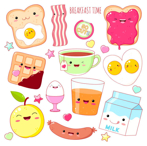 Set of cute breakfast food  icons in kawaii style Breakfast time. Set of cute food icons in kawaii style with smiling face and pink cheeks for sweet design. EPS8 kawaii stock illustrations