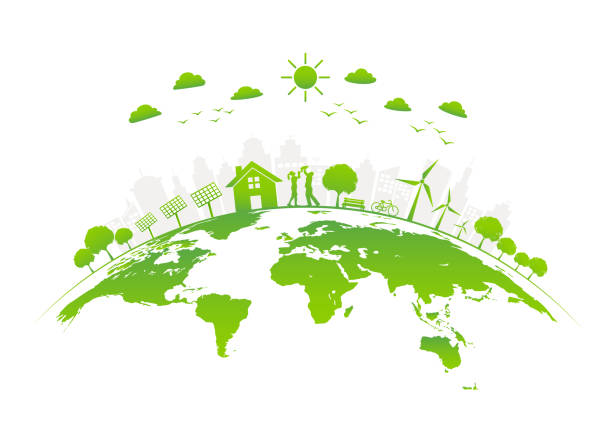 экологически чистый с зеленым городом на земле, векторная иллюстрация - construction business built structure earth stock illustrations