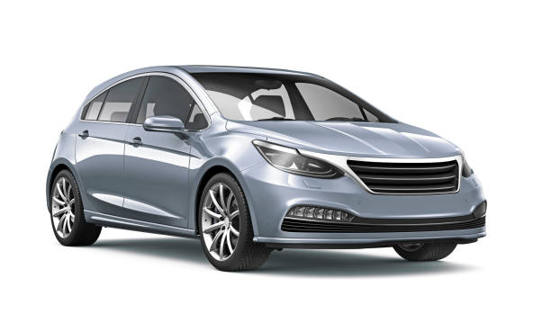 ilustración 3d de genérico hatchback plata sobre fondo blanco - coche fotografías e imágenes de stock