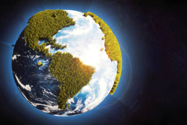 globo terrestre nello spazio con continenti di erba cartoony e atmosfera incandescente - grano graminacee illustrazioni foto e immagini stock