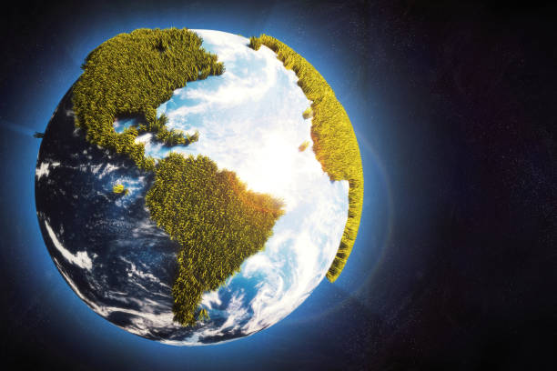 Earth globe in space with cartoony grass continents & glowing atmosphere